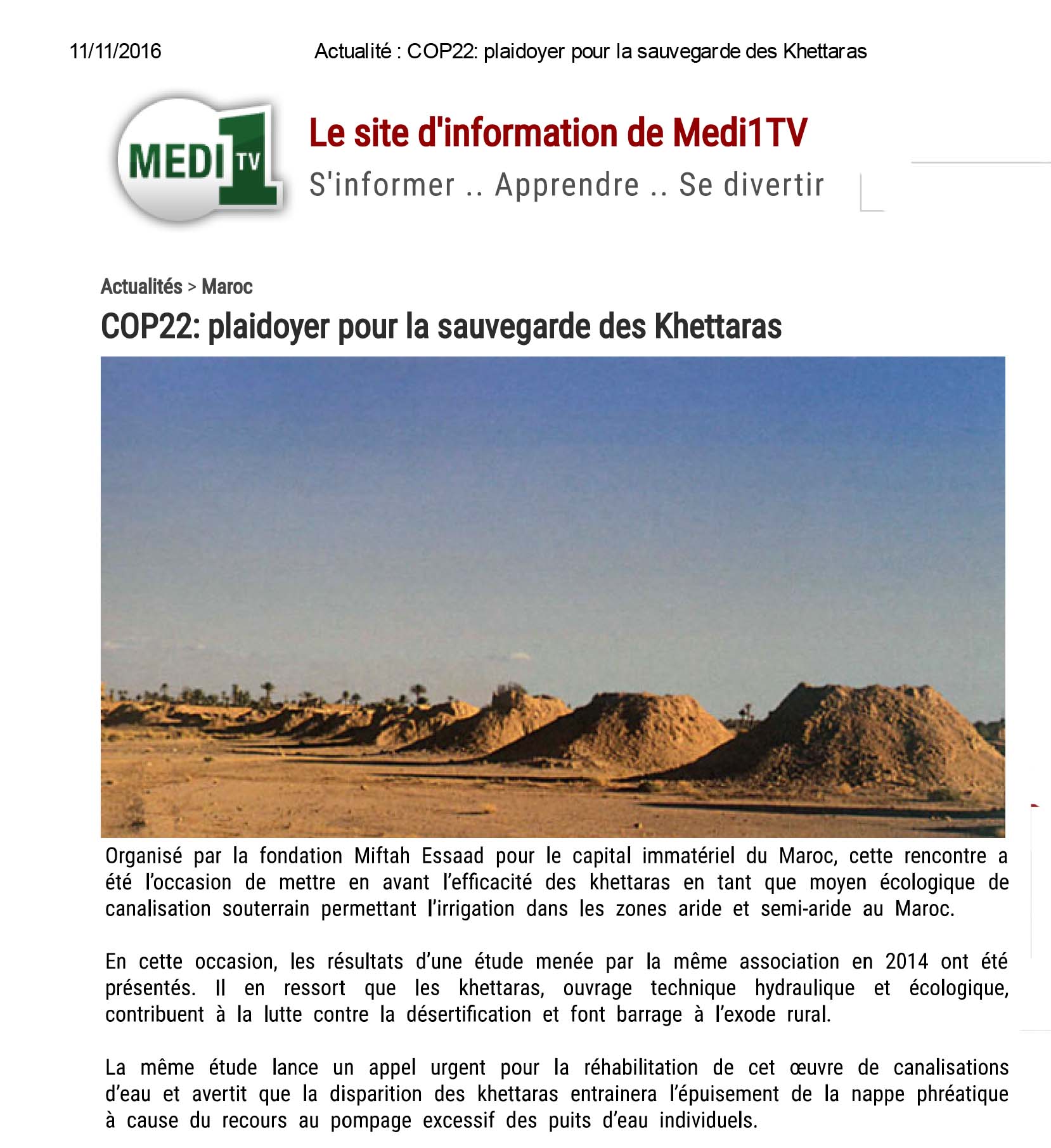 [:fr](Actualit351 : COP22: plaidoyer pour la sauvegarde des Khettara[:]