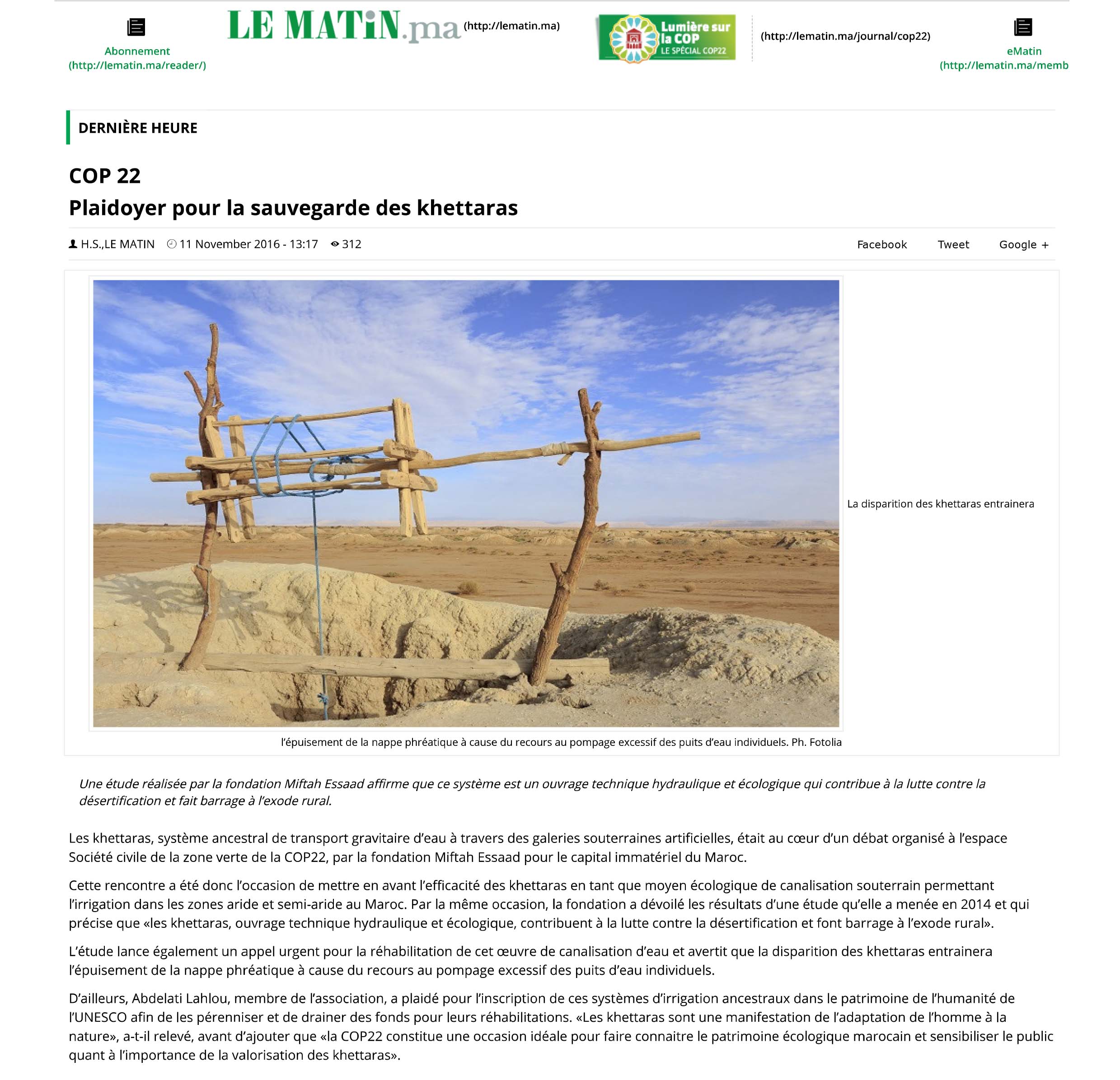 [:fr]:: Le Matin :: Plaidoyer pour la sauvegarde des khettaras[:]